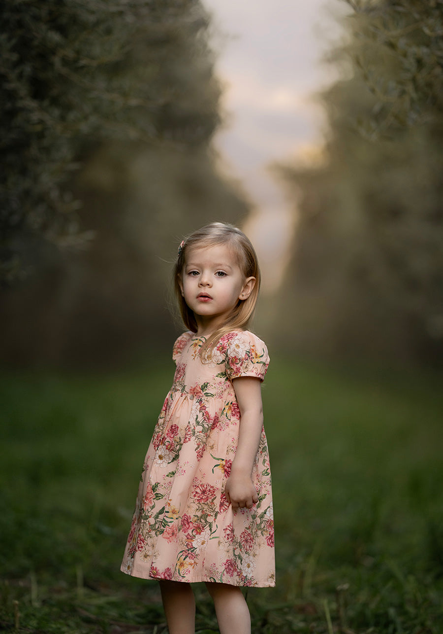 Girls Gathered Spanish Floral Short Sleeve Dress